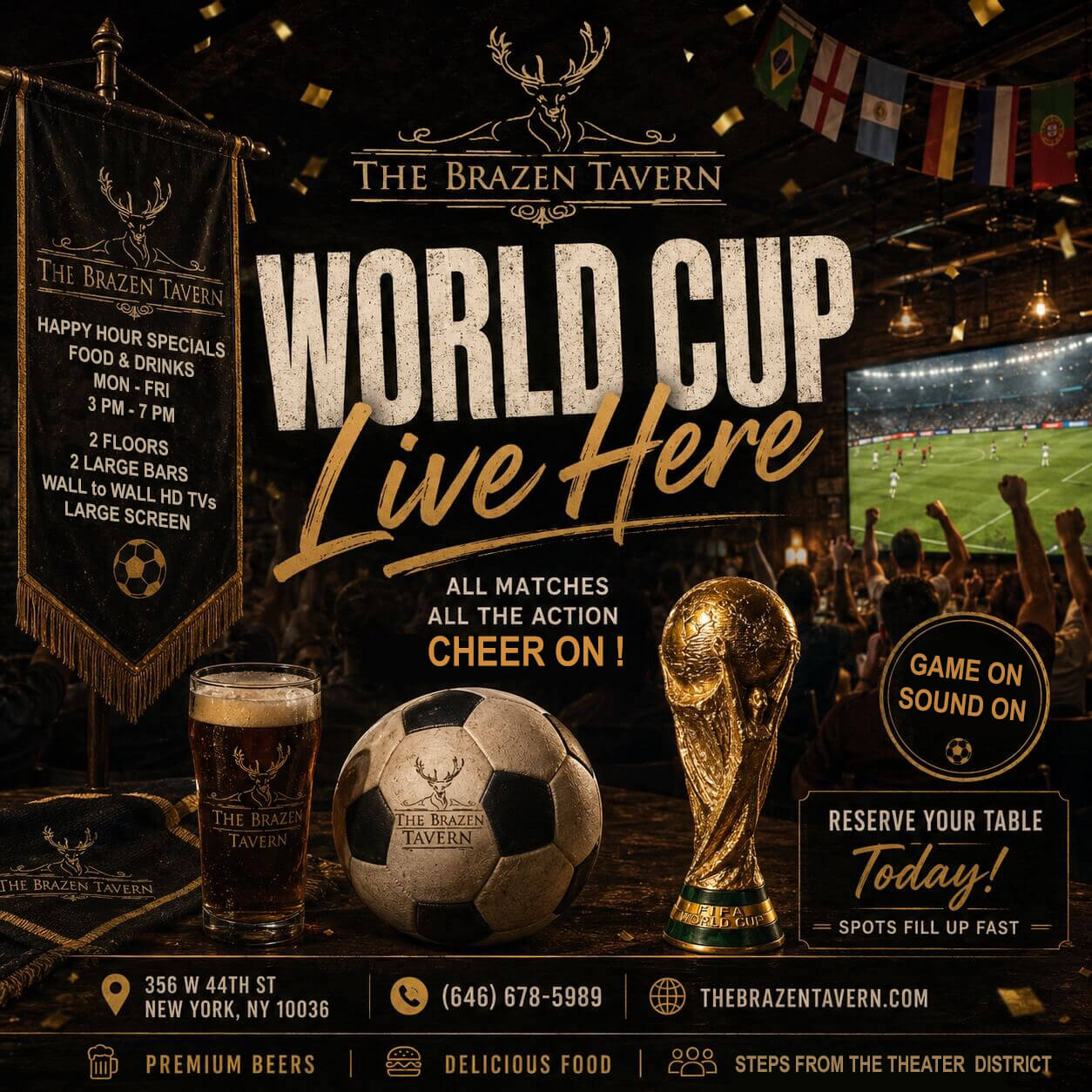 World Cup live at The Brazen Tavern with soccer ball, trophy, beer, and cheering crowd watching game.
